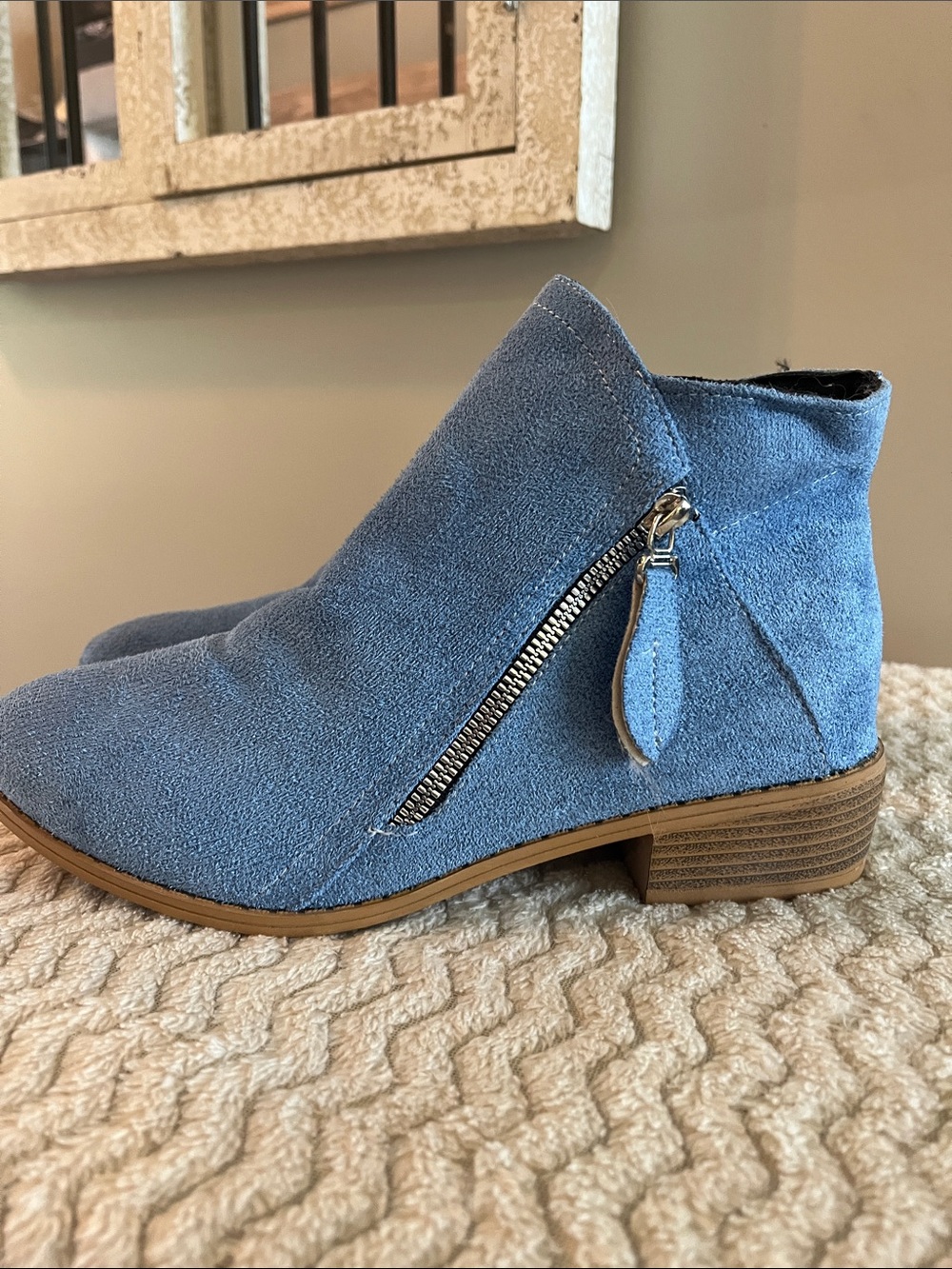 Women's Blue Suede Ankle Booties with Side Zip